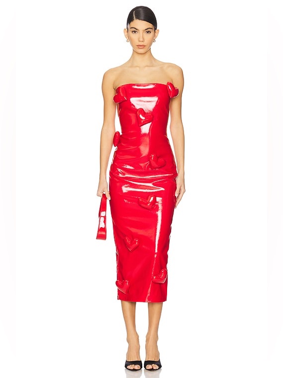 New Nwt Cultnaked Love Killa Strapless Midi Dress In Red Patent Hearts — image 2 of 8